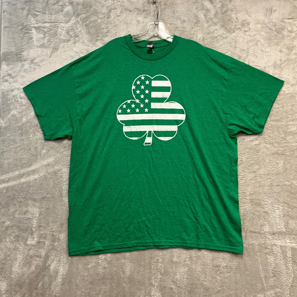 Gildan T-Shirt Mens 2XL Green Shamrock American Flag St Patricks Day Tee